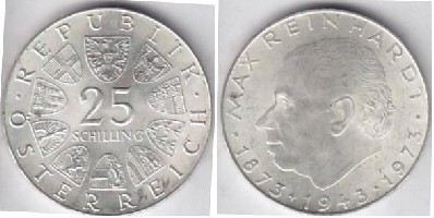 1973奧地利25席林 馬克斯·賴因哈特1873-1943,誕生100週年紀念銀幣 商品圖