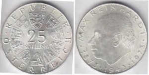 1973奧地利25席林 馬克斯·賴因哈特1873-1943,誕生100週年紀念銀幣